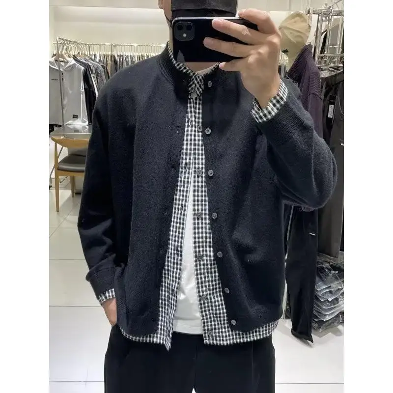 

Autumn Winter Plaid Couple Matching Knitwear irt Collar Splicing Casual Versatile Outerwear Polyester Fiber Long Sve