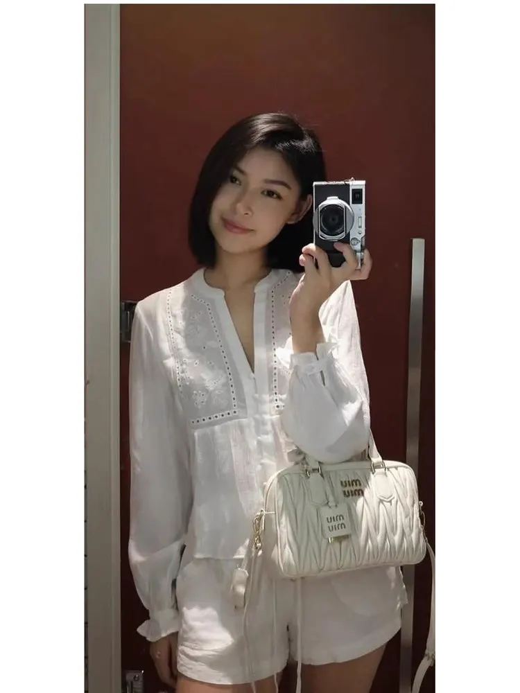 Women's Embroidered Hollow out Long Sleeve round Neck Layered Decorative Shirt Cotton Commute Style Loose Fit Anti-Wrinkle