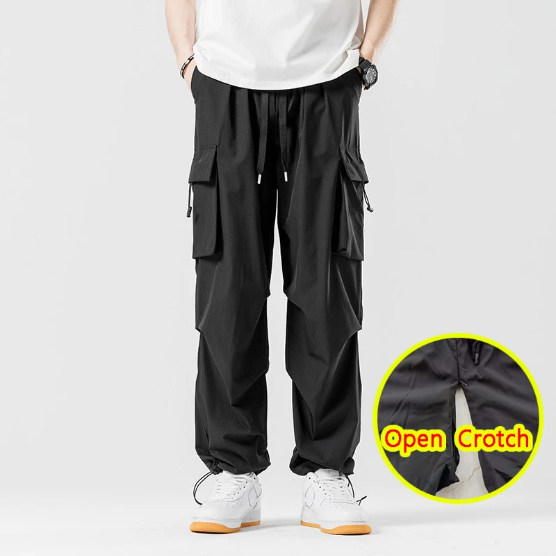 

5XL Sexy Open Crotch Pockets Man Cargo Pants Hidden Zippers Fashion Casual Crotchless Clubwear Summer Elastic Waist Lightwear