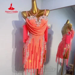 Latin Dance Dresses Customized Exquisite Pearl Full Diamond Tassel Dress Adult and Children Tango Samba Competition Clothing