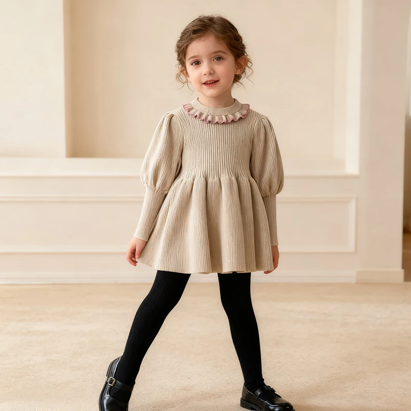 

2026 New Spring 1-6Yrs Girl Party Dress Long Sleeved Solid Color Kids Princess Dresses Baby Girls Knitting Dress Sister Clothes