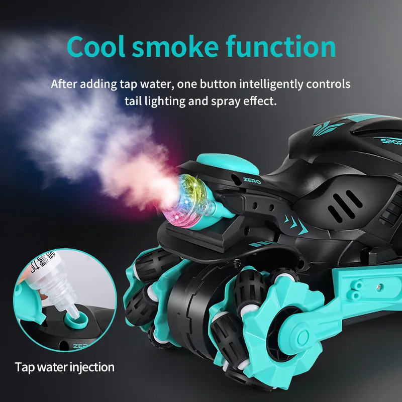 High-Speed 2.4GHz RC Stunt Motorcycle with Dual Spray - Off-Road Biking Toy for Kids featuring 360° Spins