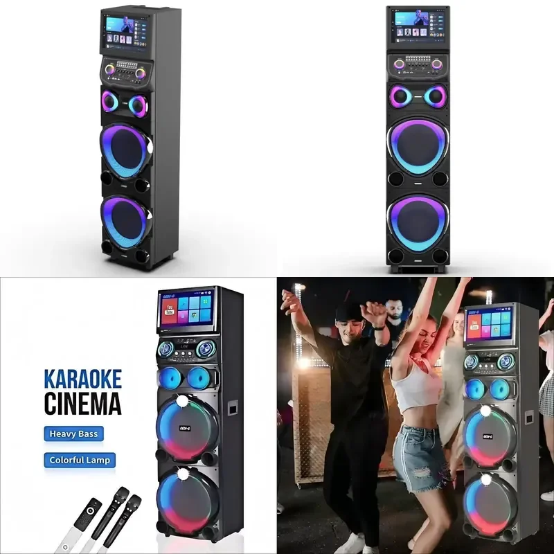 100W Subwoofer Karaoke Speaker with 15.4 Inch Touch Display Outdoor High Power Mobile KTV System with Wireless Microphone