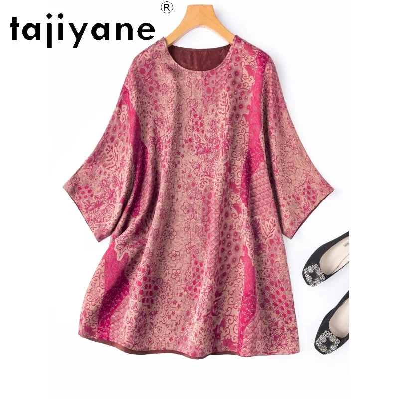 TAJIYANE 100% Mulberry Silk Women T Shirts Mid-length Jacquard Shirt Batwing Sleeve Summer Tops for Woman Clothing Plus Size 티셔츠