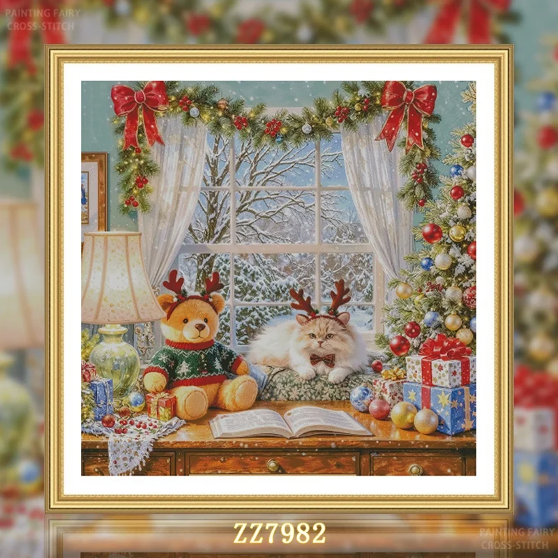 

ZZ7982- Christmas in front of the window 14CT 16CT 18CT Printed On Canvas Cross Stitch DIY Set Needlework Embroidery 155 Colors