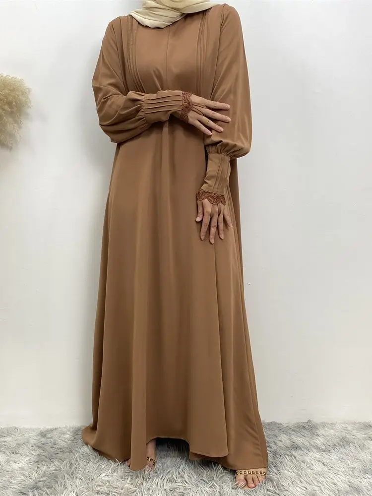 Islamic Ramadan Moroccan Slim Simple Luxury Sleeve With Lace Zipper And Pleated Front Zipper Arab Turkiye Cardigan Gown