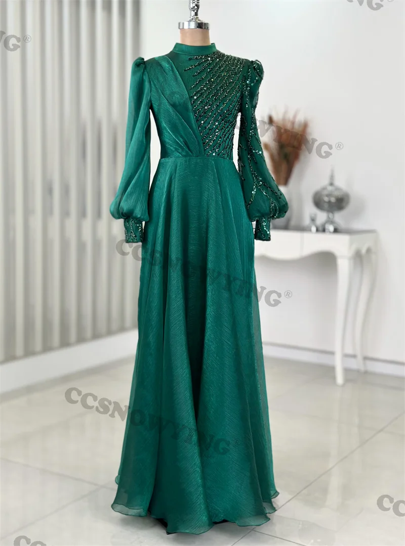 Organza Appliques Beaded Muslim Evening Dress Islamic Long Sleeve Prom Formal Party Gown Arabic Dubai Women Robes De Soirée