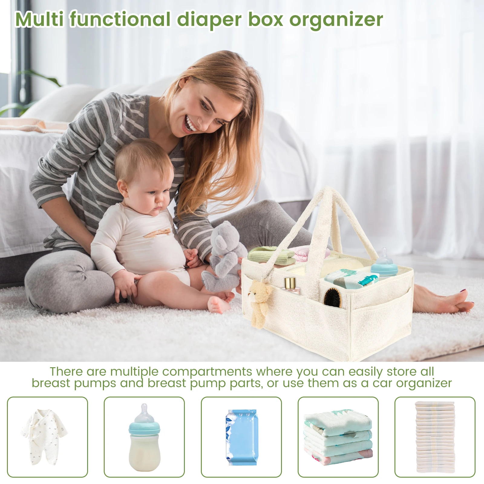Tas Popok untuk Bayi Baru Lahir Organizer Caddy Popok Portabel dengan Pegangan Organizer Tas Popok Saku Besar untuk Perawatan Bayi
