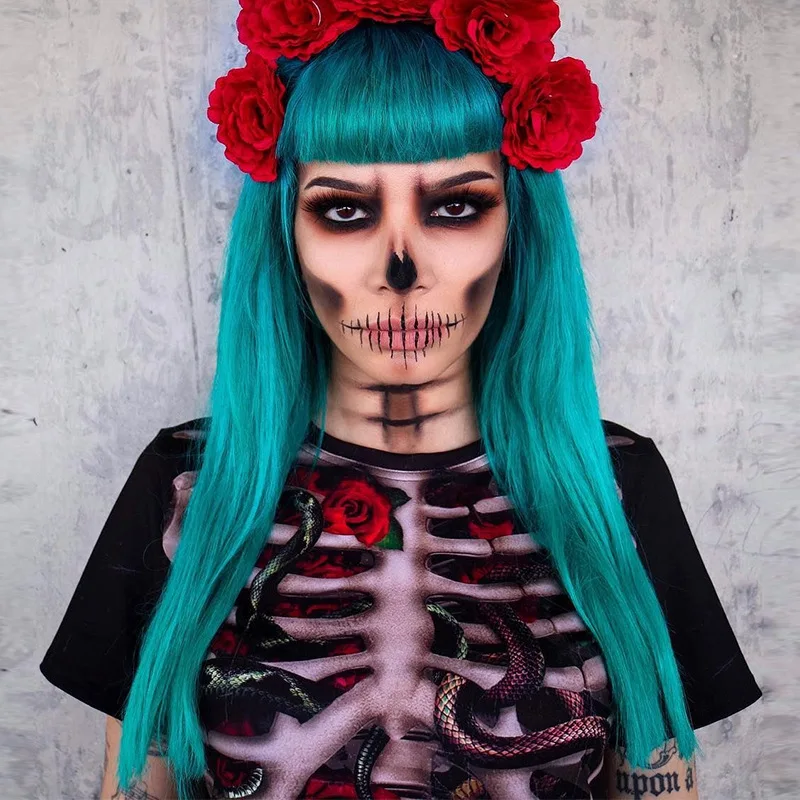 Disfraz de calavera gótica para mujer, minivestido de manga corta con estampado de esqueleto, ropa de calle, vestidos horribles para fiesta de Halloween