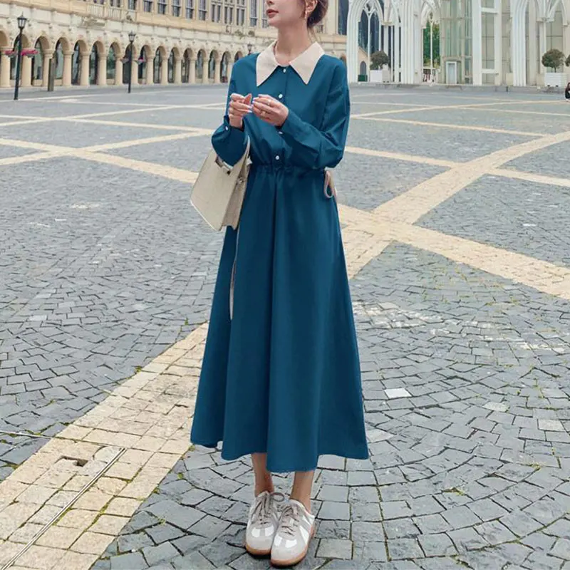 Women\'s Spring and Summer Fashion Office Lady Simplicity Polo Collar Long Sleeve Dresses Women Clothes Casual Elegant Long Dress