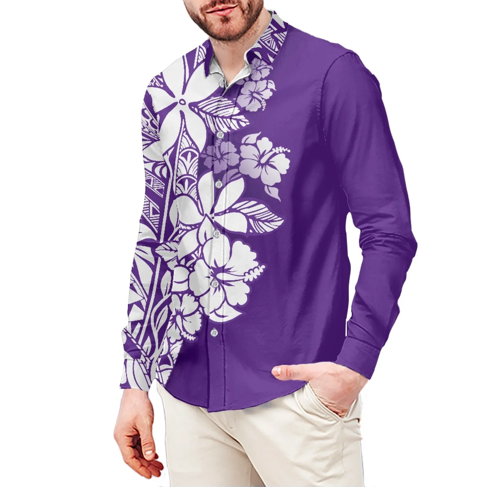 New Island Image Tattoo Print Polynesian Style Men's Shirt Stand-Up Collar Shirt 6XL Slim Long Sleeve Men's Shirt Men's Clothing