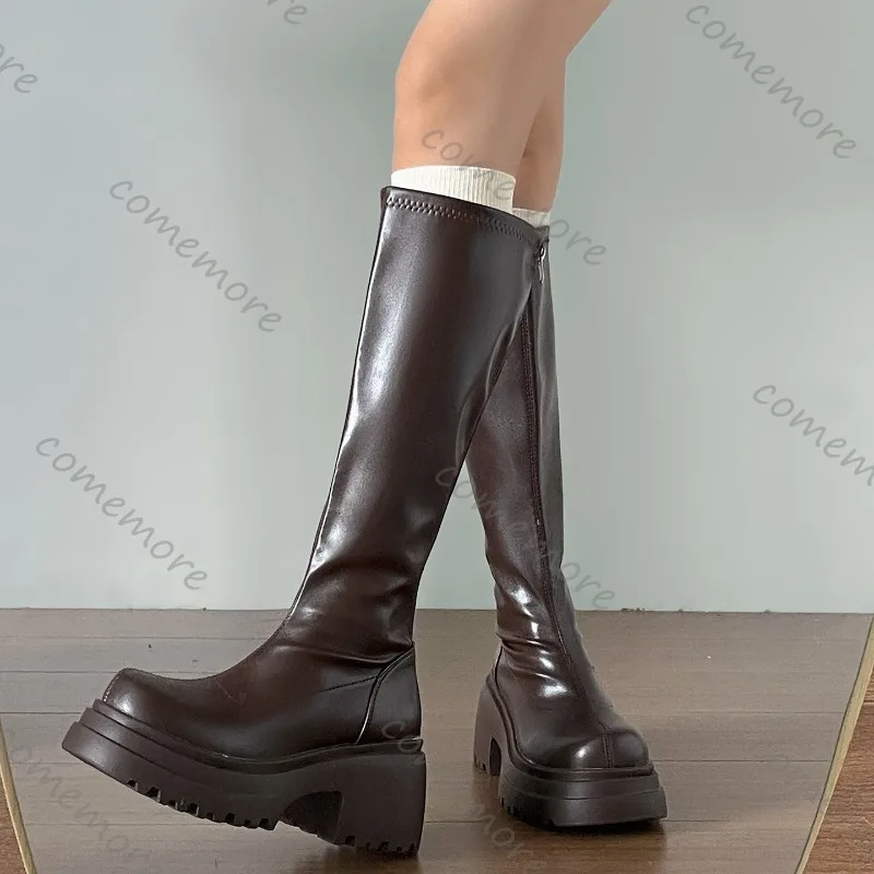 Comemore الأسود الرجعية صندل بكعب مكتنز منصة حذاء برقبة للركبة المرأة الجديدة الخريف الشتاء الجلود عالية الكعب سستة طويلة فارس بوتاس #2