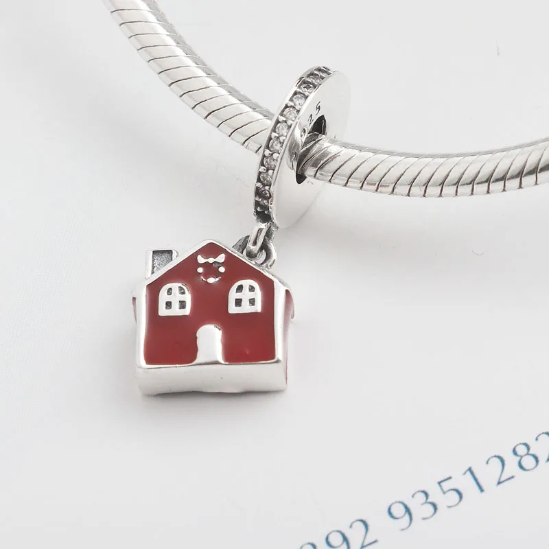 Authentic S925 Sterling Silver Red Enamel Cosy Christmas House With Crystal Pendant Charm Fit Women Bracelet Bangle DIY Jewelry