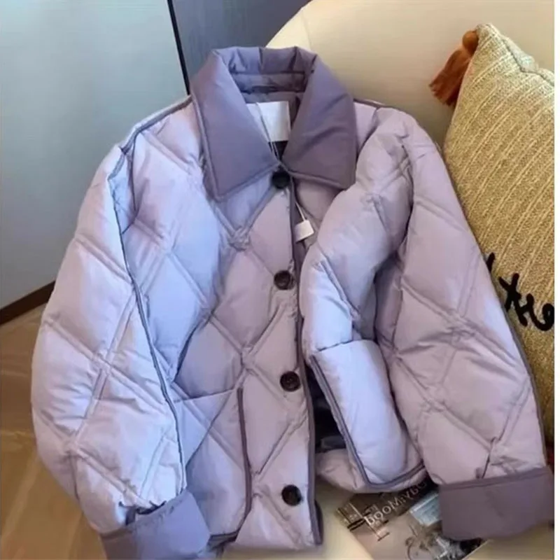 Women Cotton Coat Autumn Winter Small Fragrant Style Contrasting Color Collar Lightweight Cotton Jacket Girl Keep Warm Outerwear