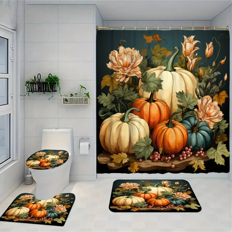 1PC/3PCS/4PC Halloween Series Maple Leaf Floral Pumpkin Pattern Bathroom Set Including Shower Curtain Three-Piece Set Four-Piece