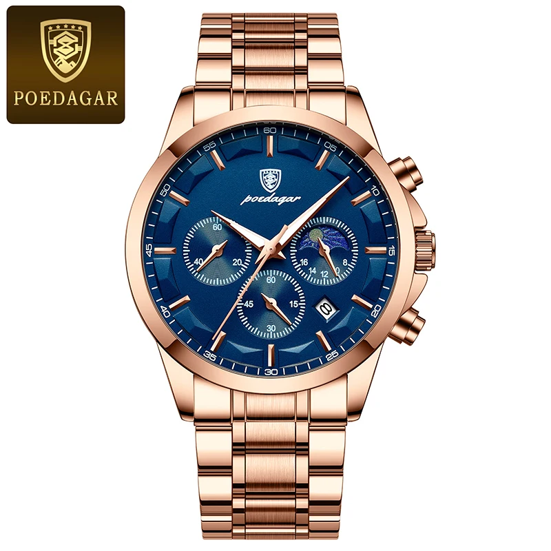 POEDAGAR Rose Gold Sport Watches Men Brand Waterproof Luxury Luminous Quartz Watch For Man Stainless Steel Stopwatch Clocks 2023