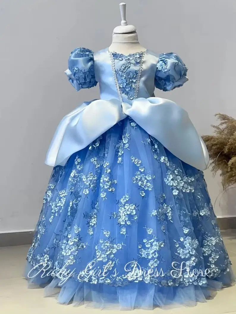 Lace Appliques Litter Princess Dress With Sleeves Satin Sky Blue Flower Girl Dresses For Wedding Long Birthday Ball Gown Custom