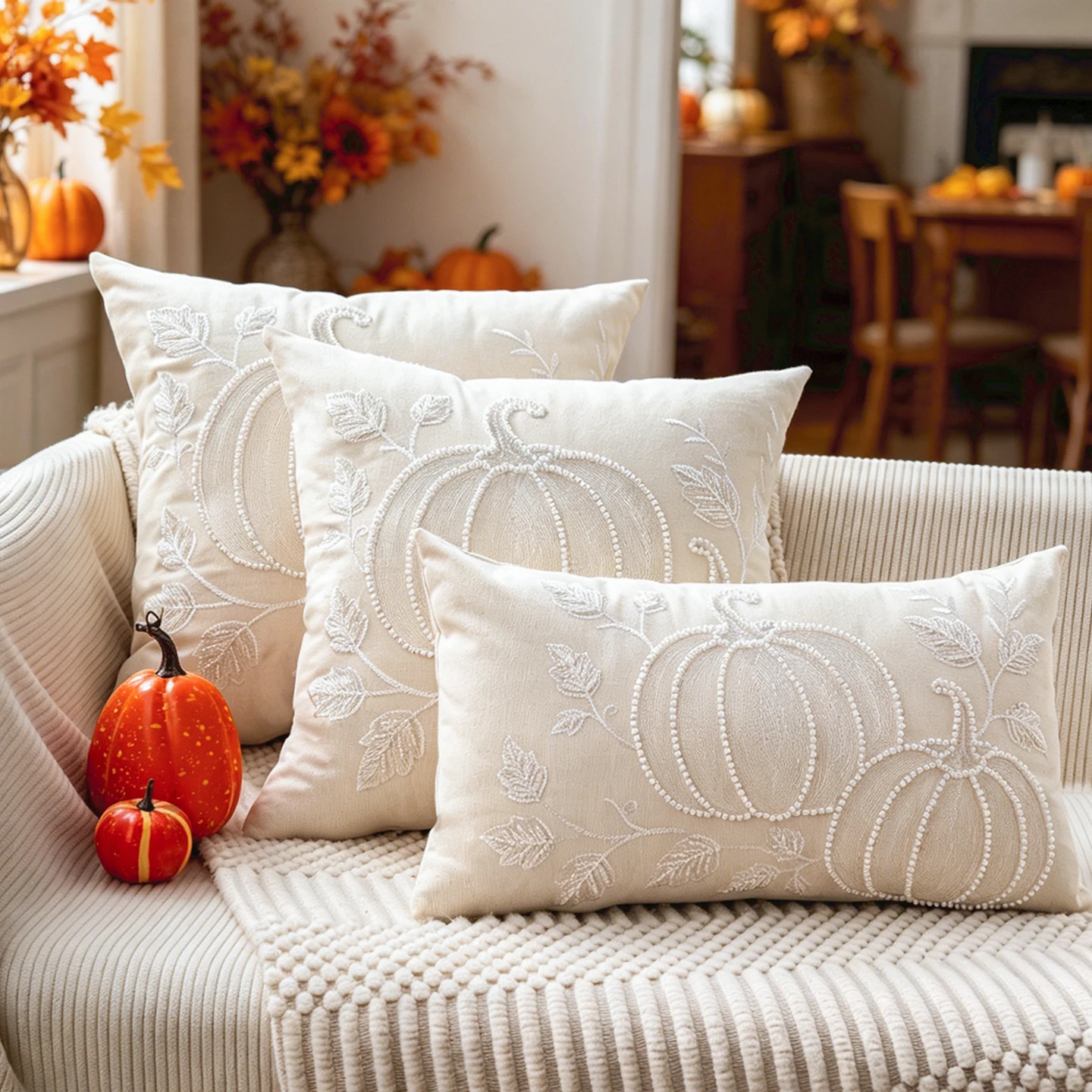 1pc Autumn White Pearl Pumpkin Embroidery Pillowcase Multi-size Available for Sofa Bed Home Decor Harvest Festival Special