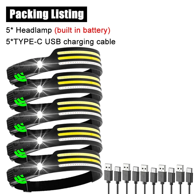ZHIYU Induktionsscheinwerfer, COB-LED-Sensor, Stirnlampe, eingebauter Akku, Taschenlampe, wiederaufladbar über USB, Stirnlampe, 10 Beleuchtungsmodi, Scheinwerfer 7