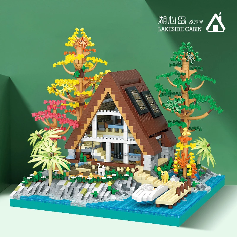 Huxin Island Wooden House Architectural Style Micro-particle Assembled Building Block Toys Cross-border Hot-selling Adult Gifts