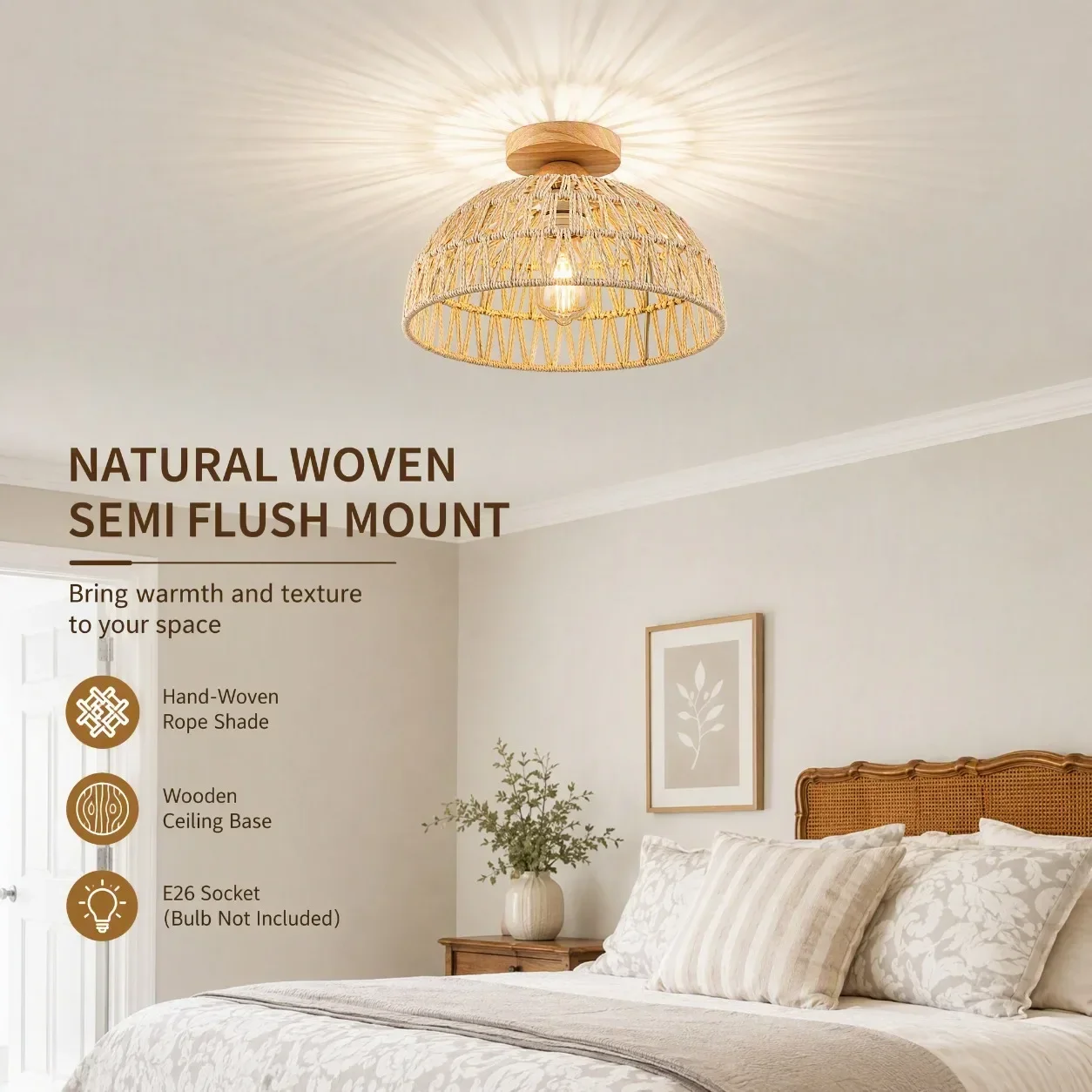 JOYINLED Traditional Handmade Woven Rattan Shade 12 Inch E27 Semi Flush Mount Ceiling Light for Laundry Room, Study, Living Room