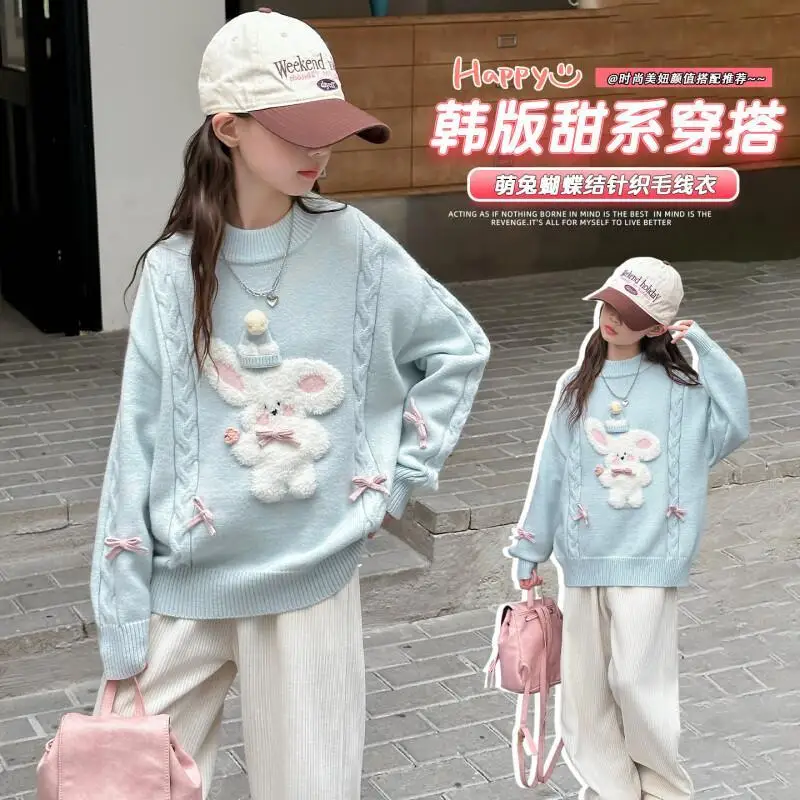 

Kawaii повседневное пальто, топы, модная детская одежда, зимний свитер для девочек, 2025 г., трикотаж с вышивкой кролика из мультфильма, плотный теплый хит продаж
