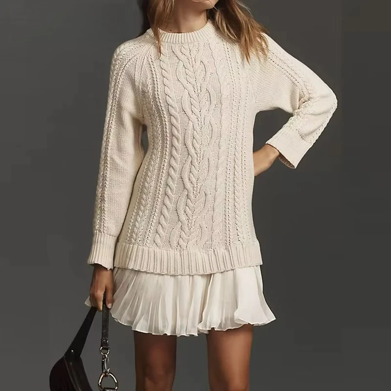 Winter Long Sleeve Knitted Sweater Dress Woman O Neck Ruffle Chiffon Pleated Dresses Fall Solid Warm A-Line Pullover Dress