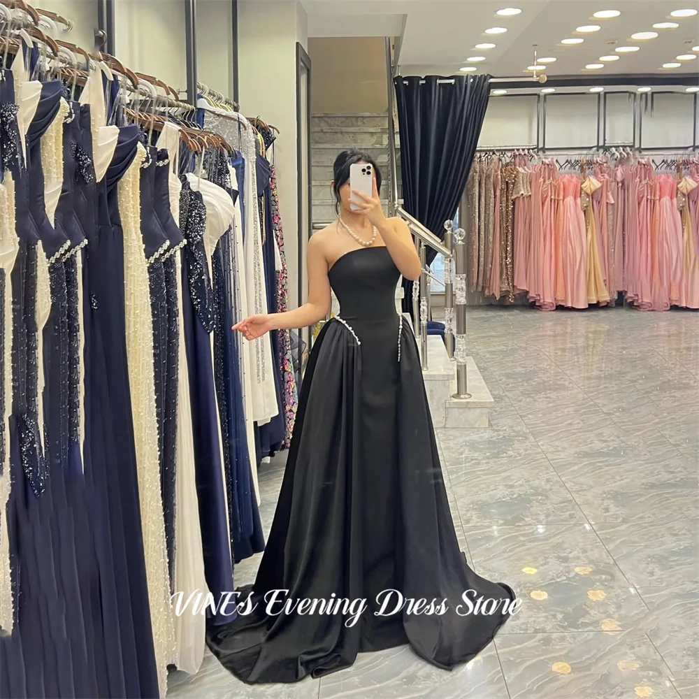 

VINES Black Prom Dress with Pearl Beaded Waist Celebrity Dress Strapless Women's Evening Dresses Satin Formal Gown Customized