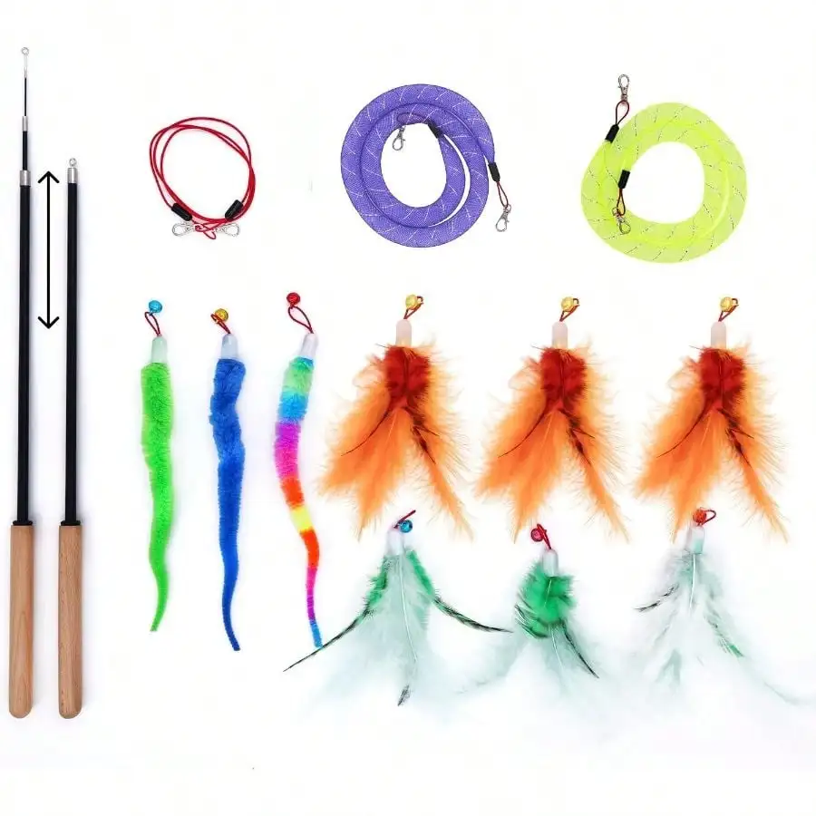 Toys Indoor Cats, Interactive Wand Toy Set - 2 Retractable Wands With Wooden Handles, 9 Refills (Feathers Worms) - 2 Mesh Tube Strings 1 Elastic String Cats And Kittens