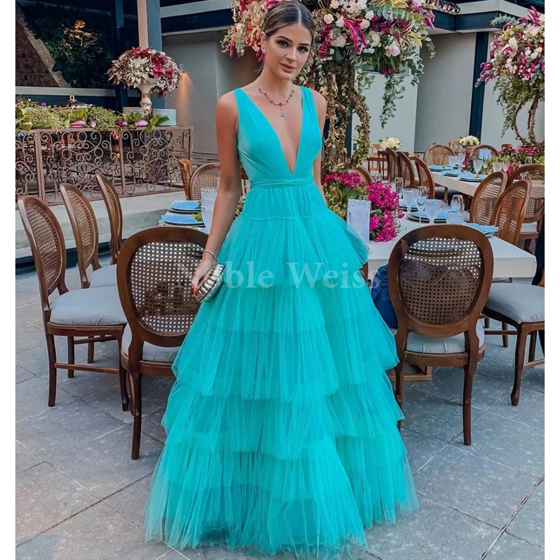 

Elegant Evening Dresses Sexy Deep V-Neck Sleeveless A-Line Tulle Long Formal Gown Customize
