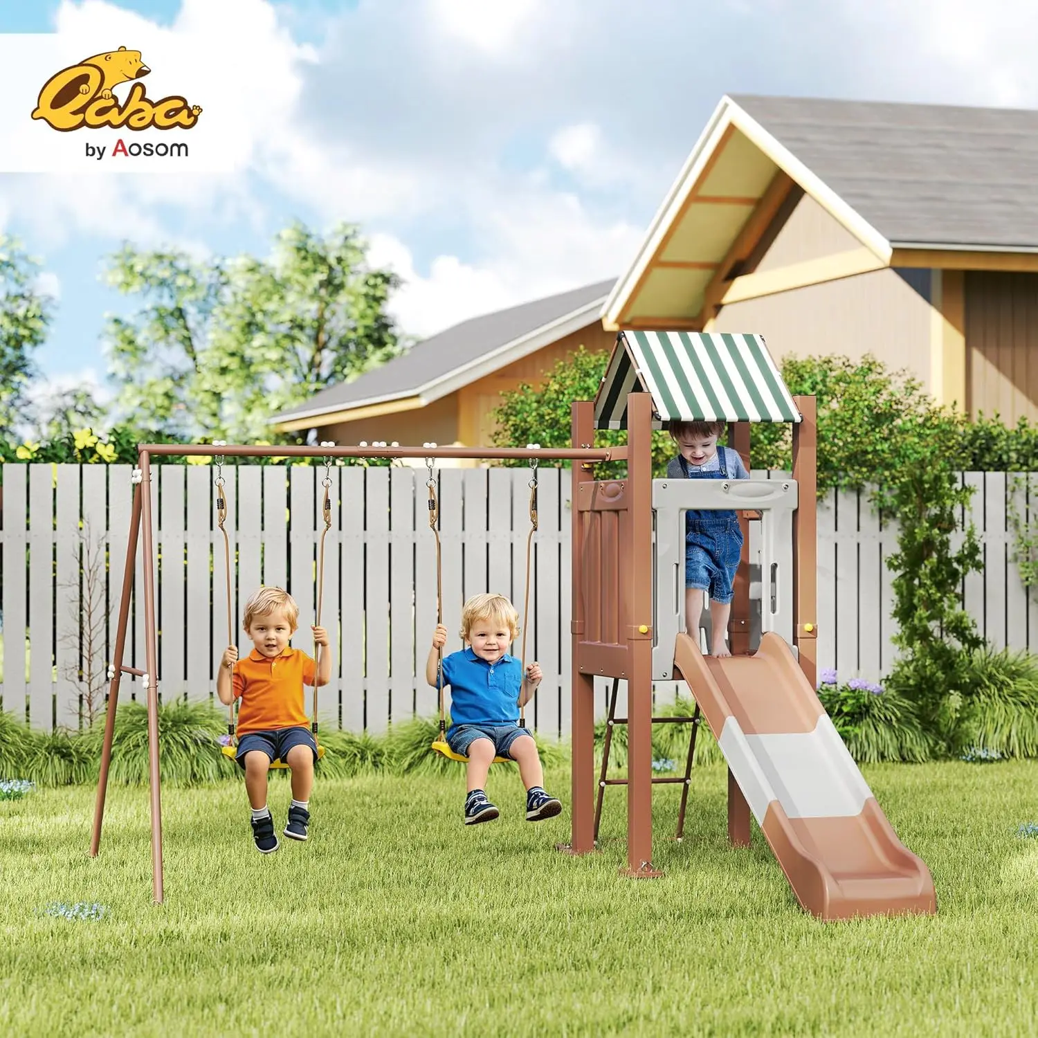 Set altalena per bambini per cortile, set parco giochi con scivolo da 6 piedi, 2 altalene regolabili, forte con baldacchino, scala, set da gioco per esterni con