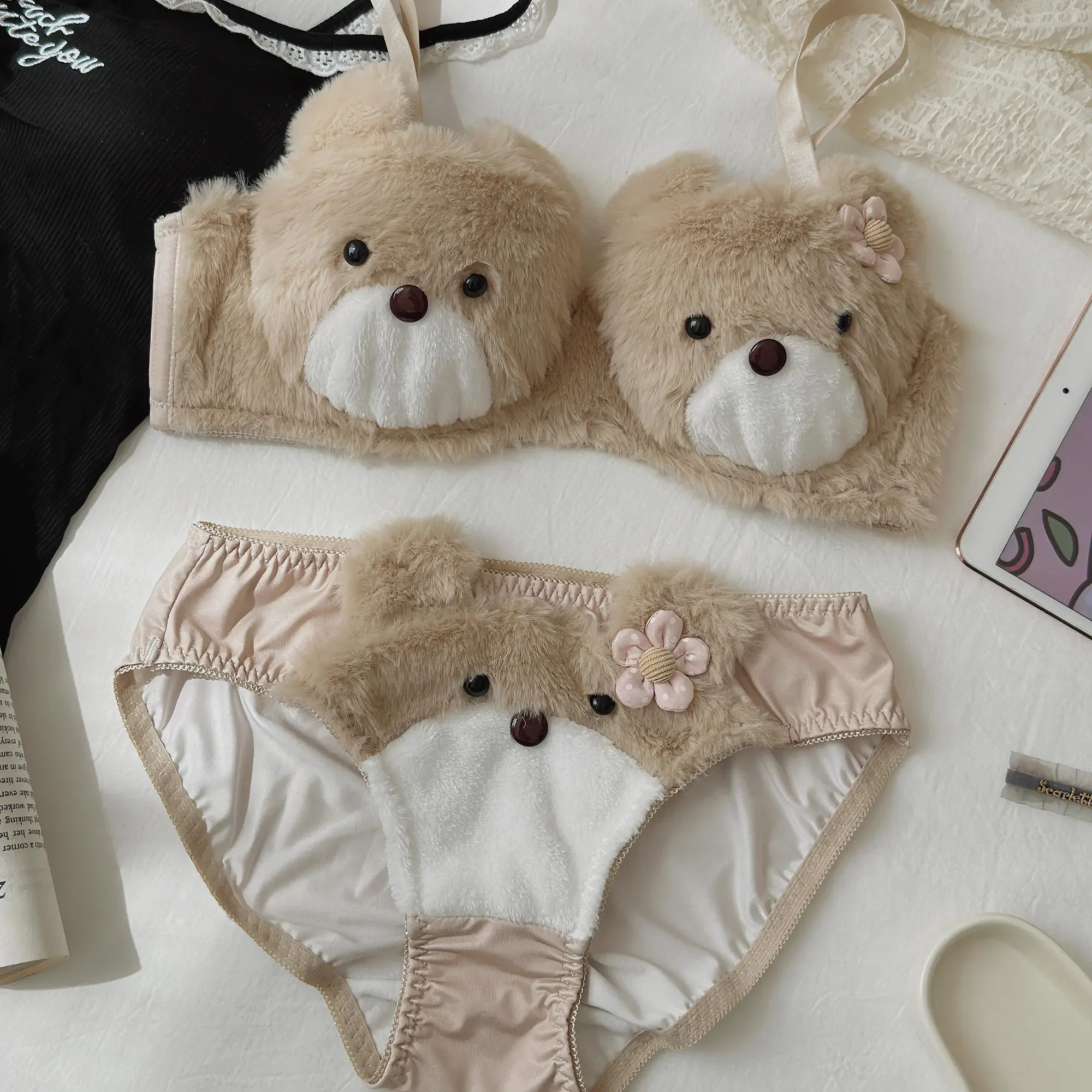 Plush bear bra set without steel ring cute cartoon underwear students cold thickened bras fall and winter lingerie briefs suit