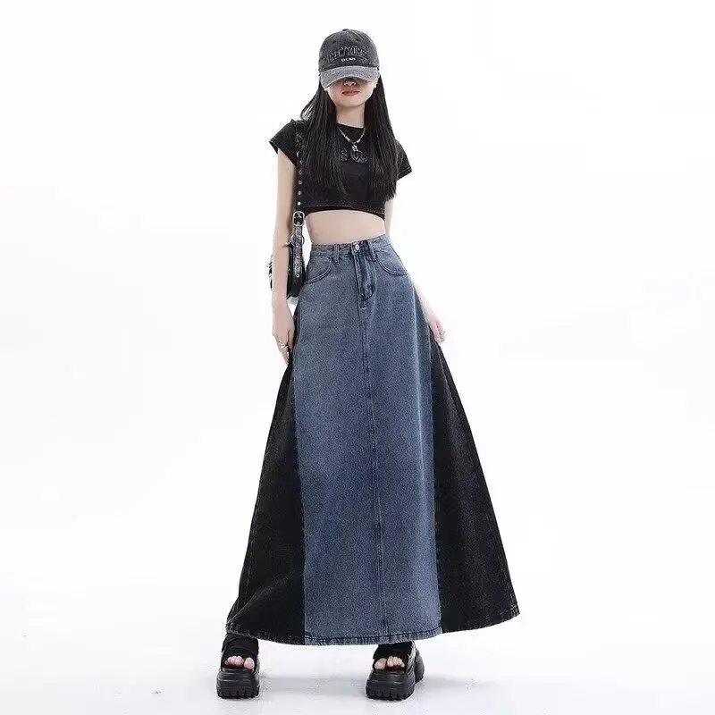 

Spring and Autumn New Women's Oversized Cowboy Skirt Loose Commuting Casual Splicing Color Contrasting High Waist A-line Skirt