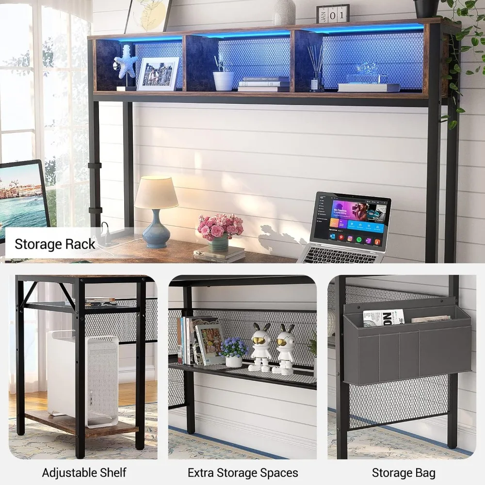 مكتب كمبيوتر على شكل حرف L مع شريط LED ومنافذ طاقة، مكتب زاوية على شكل حرف L قابل للعكس مع أرفف تخزين وحقيبة، ريفي B #5