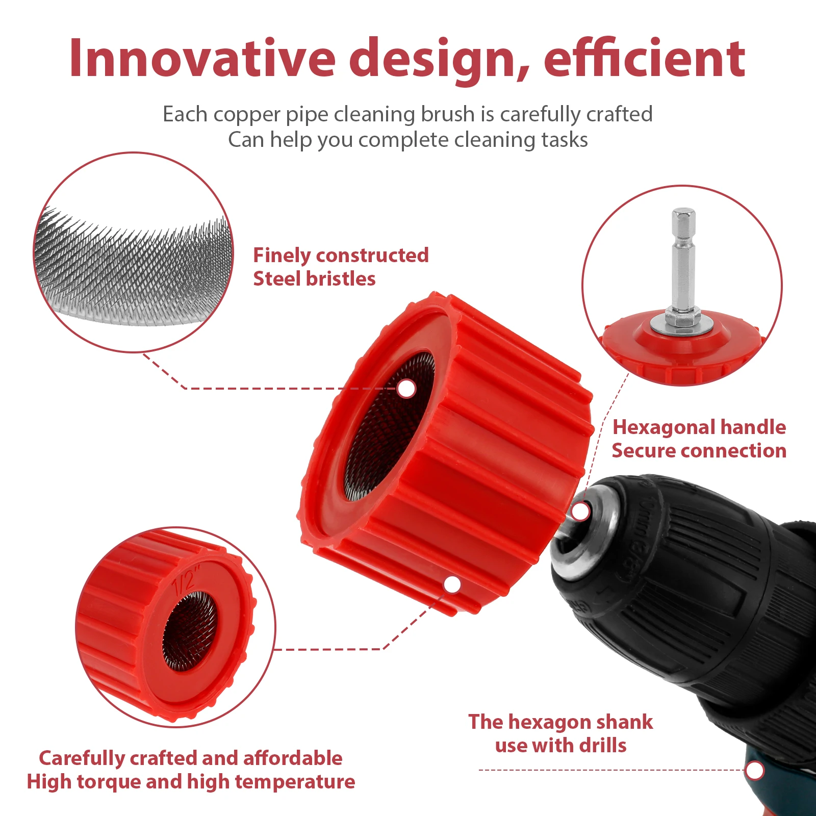 고효율 청소 구리 파이프 튜브, 녹 제거, 다목적 견고한 튜브 청소 브러시, 직경 1 인치, 2 인치, 3 인치, 4 인치