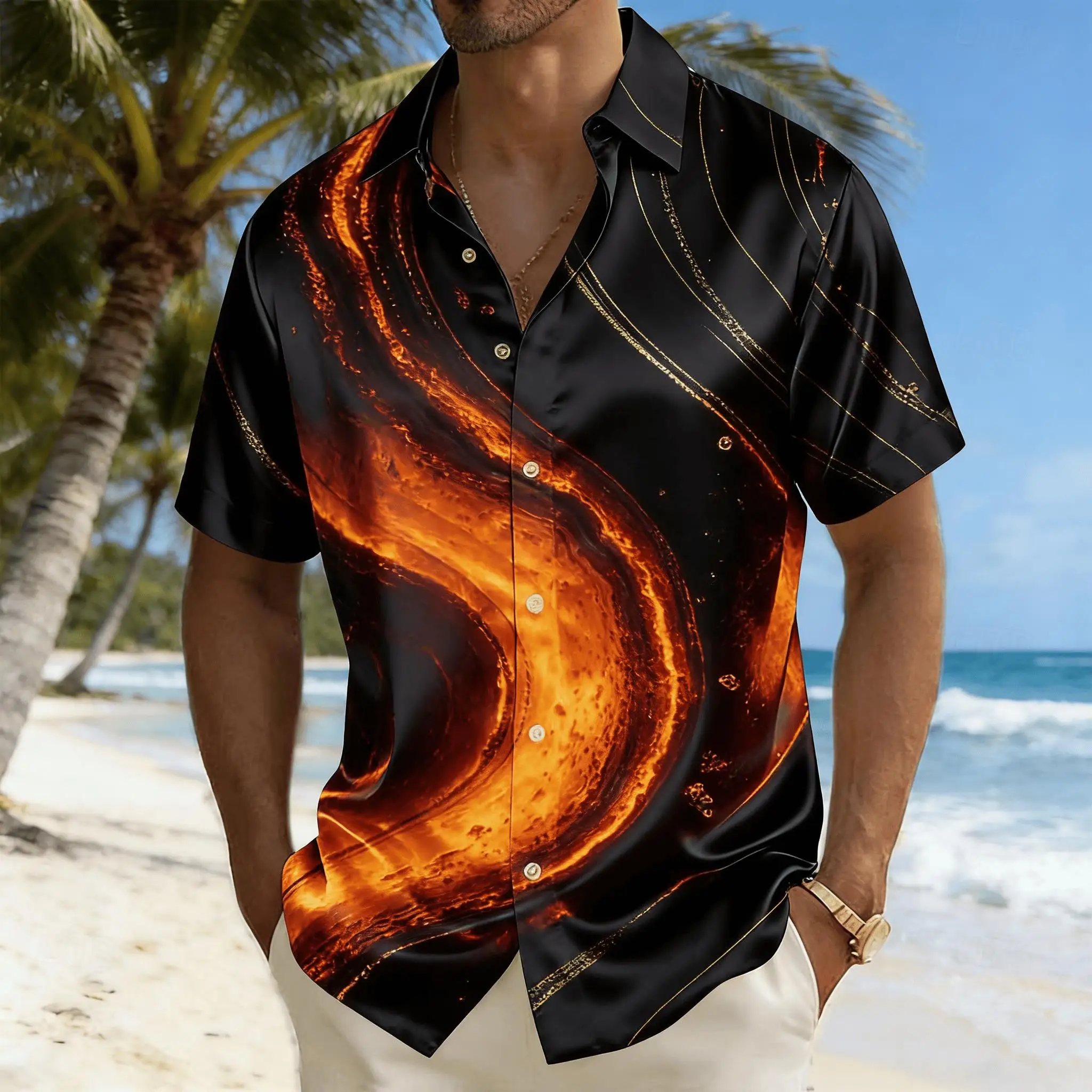 Men's Summer Gradient Shirt Beach Vacation Flower Shirt Casual Loose Breathable Versatile Shirt