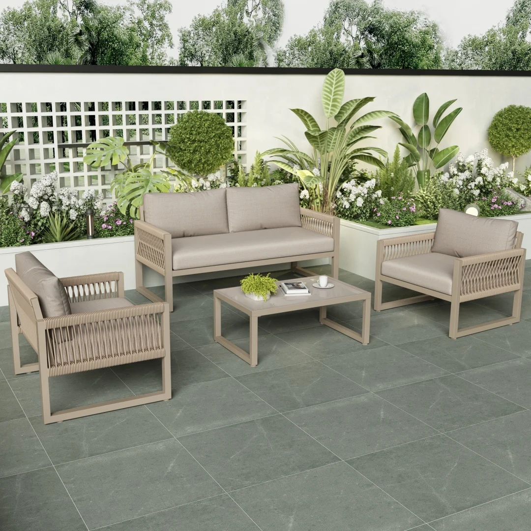 NONE Salon de jardin, canapé d'extérieur, mobilier de salon. Coussins de siège, panneaux en verre lisse. Y compris tous les coussins de siège.