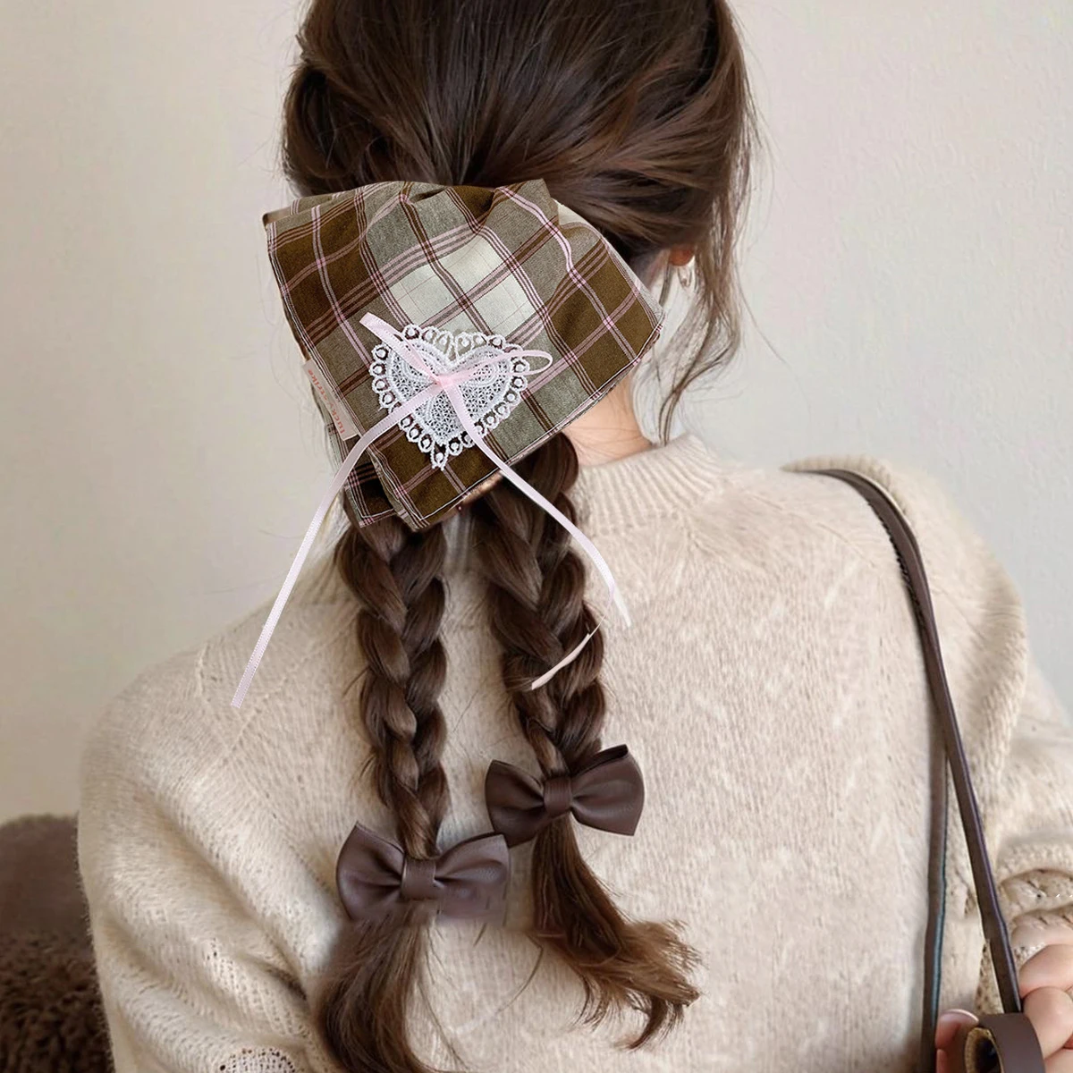 1 Pcs Women's Hair Ties Korean Style Coffee Plaid Square Scarf Sweet Cute Fashionable Simple Versatile Hair Accessories Girl