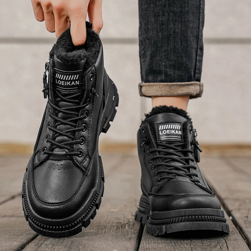 メンズプラスサイズ冬カジュアルファッション滑り止めハイカットワークシューズアウトドアコンフォートシューズ耐摩耗性厚手コットンシューズ