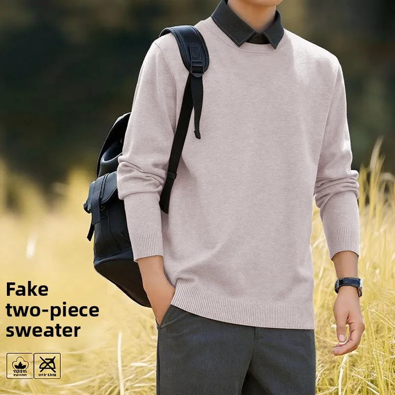

Men's Polo Shirt Collar Spring Smart Casual Long Sleeve Fake Two Knitted Sweater Pullover Casual Outdoor Wear-resistant Sweater