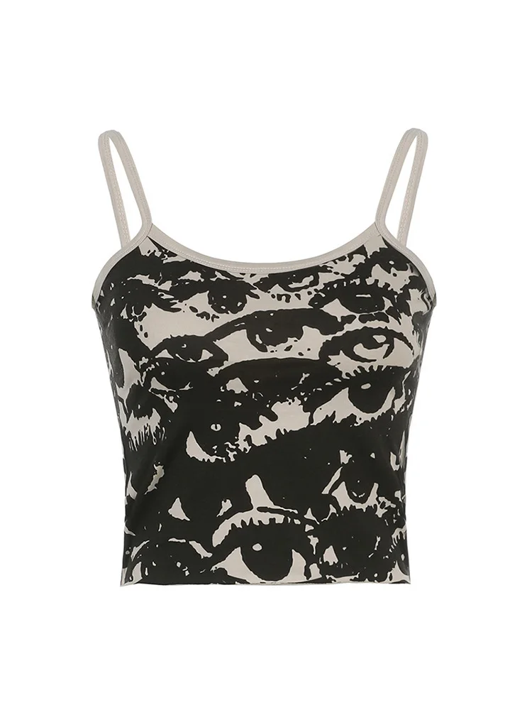 고딕 초상화 프린트 티셔츠, Y2K 크롭탑, 반팔 조끼 티, 하라주쿠 스트리트웨어, 흰색 멜빵, 여성 의류