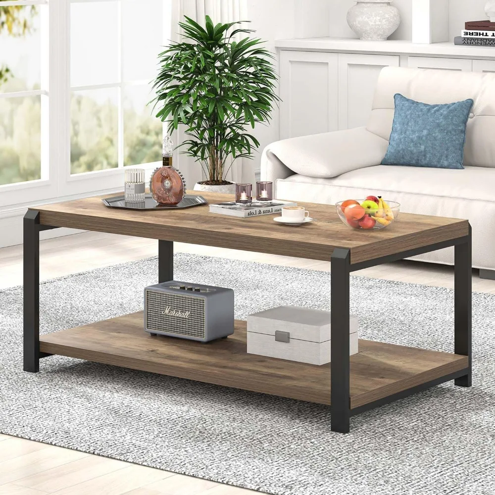 Rustic Industrial Style Coffee Table, Rectangular Wood and Metal Centerpiece for Living Room, Modern Cocktail Table with Storage