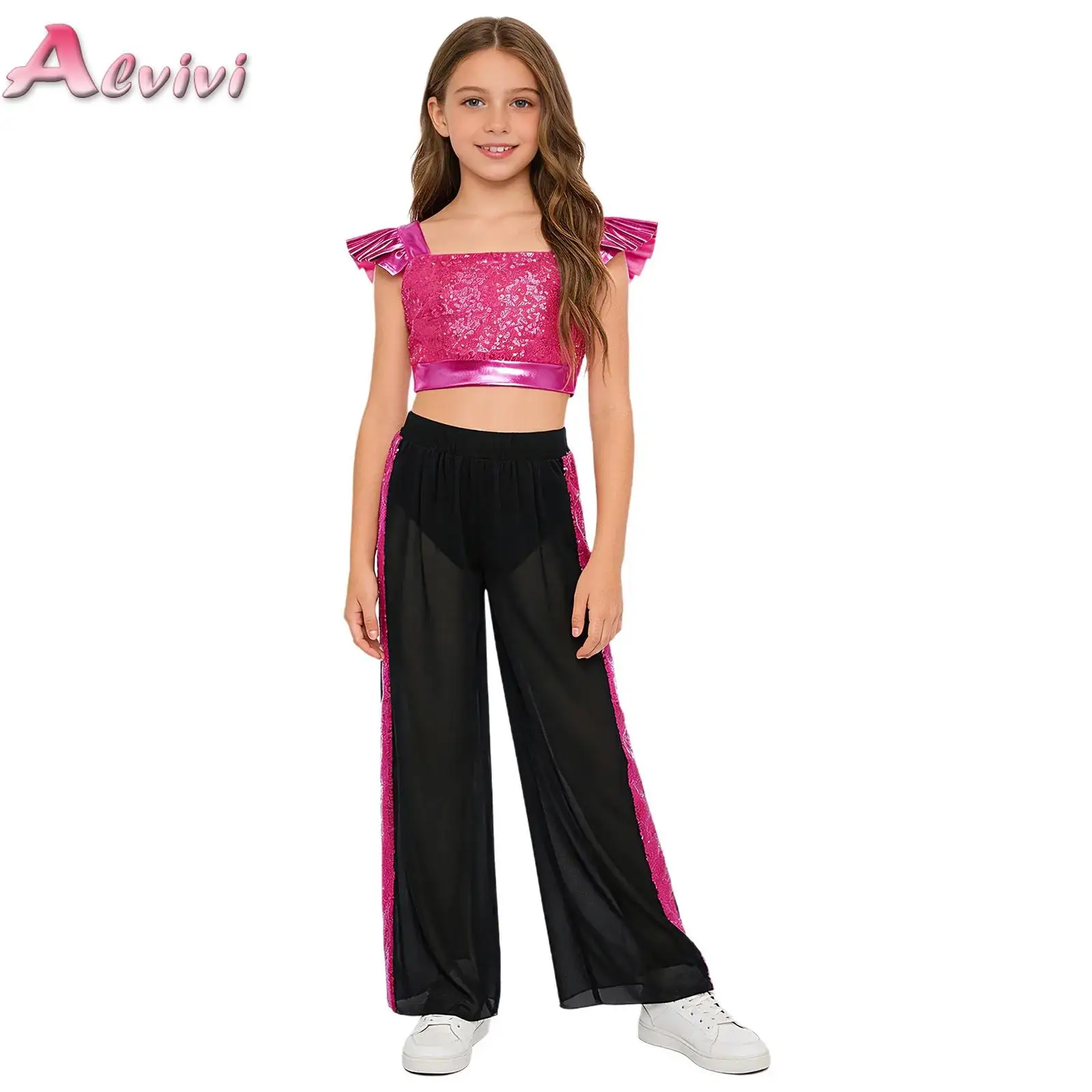 

Kids Girls Jazz Dance Performance Outfit Ruffled Sleeves Sequin Metallic Crop Top with Chiffon Wide-Leg Pants Ballet Dance Suit