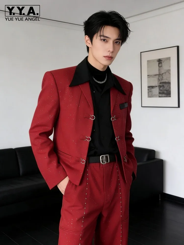 Mens Fashion Stage Show Suit Set Slim Fit Shiny Diamonds Two Piece Set Night Clubwear Blazer Jacket Long Pants Outfits Suit Sets