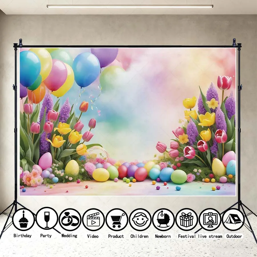 

MOON.QG Easter Rainbow Garden Photo Background Rainbow Bunny Plush Balloon Backdrop Poster Wallpaper Photography Decoration