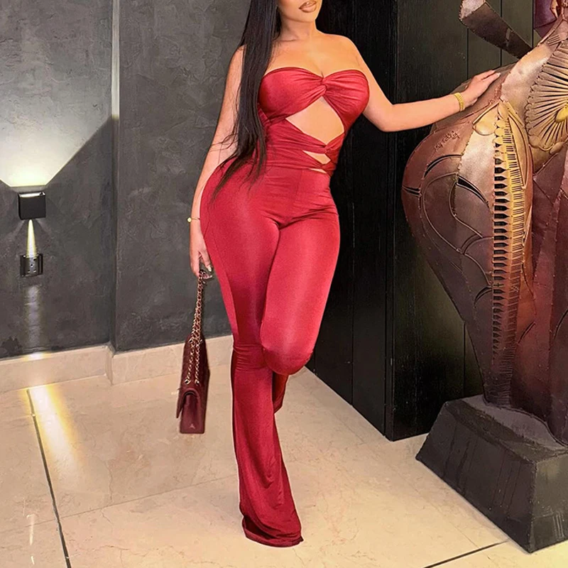 BKLD Rosso Senza Spalline Irregolare Scava Fuori Pieghe A Vita Alta Slim Fit Senza Maniche Backless Tuta Pantaloni Svasati Abbigliamento Da Festa Sexy