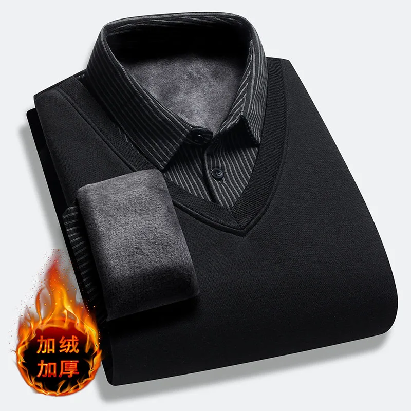 2023 Men\'s Winter Business Casual Plus Velvet Thickened Sweater Pullover Thickened 4XL Warm Two Piece Set Shirt Mens Shirts
