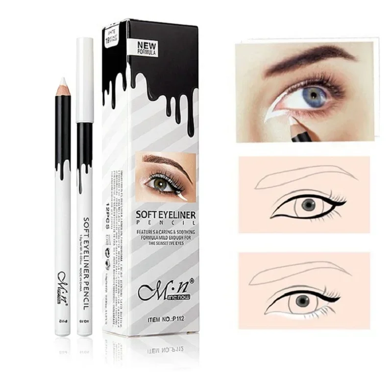 12pcs/box MENOW White Eyeliner Pencil Waterproof Lying Silkworm Brighten Eye Liner Pen Semi-Permanent Makeup Tattoo Accessories