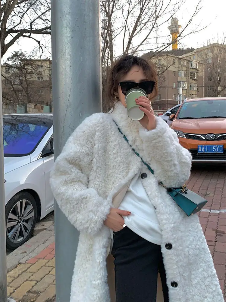 Women Clothing 2023 Autumn Winter Lamb Wool Faux Fur Coat Korean Style Long Loose Collar Wool Coat Simple Solid Warm Coat Women