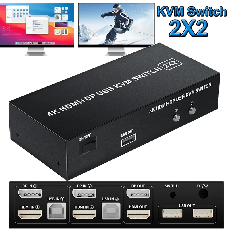 

HDMI KVMSwitcher для двух мониторов 4K 60 Гц 2×2, интерфейс USB H2.0, подходит для 2 мониторов, поддерживает расширенный режим дублирования экрана.